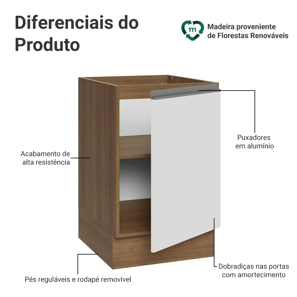 Balcão de Cozinha 50cm 1 Porta (Sem Tampo) Rustic/Branco Glamy Madesa - Image 3