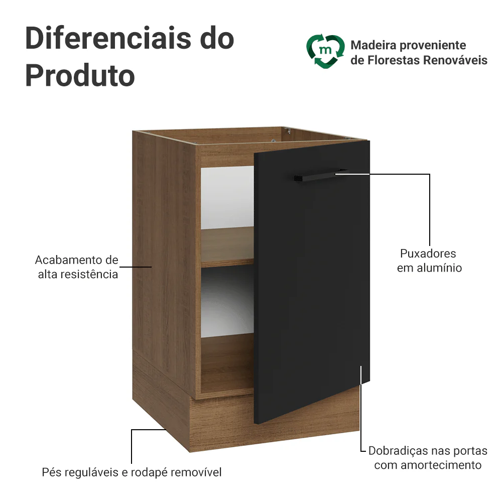 Balcão de Cozinha 50cm 1 Porta (Sem Tampo) Rustic/Preto Agata Madesa - Image 3