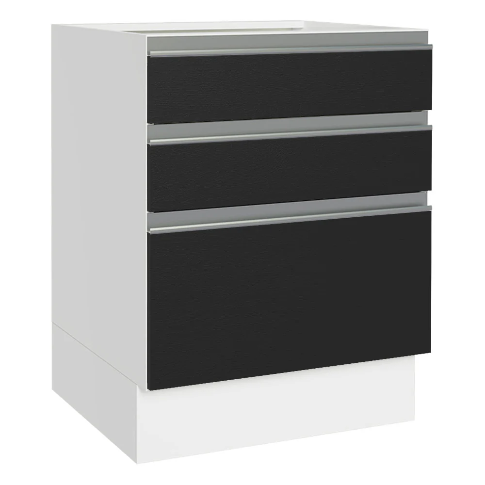 Balcão Cozinha 60 x 60 cm 3 Gavetas (Sem Tampo) Branco/Preto Glamy Madesa