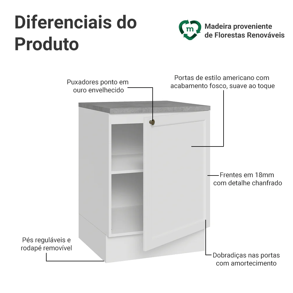Balcão de Cozinha 60 x 60 cm 1 Porta (Com Tampo) Branco Vik Madesa - Image 3