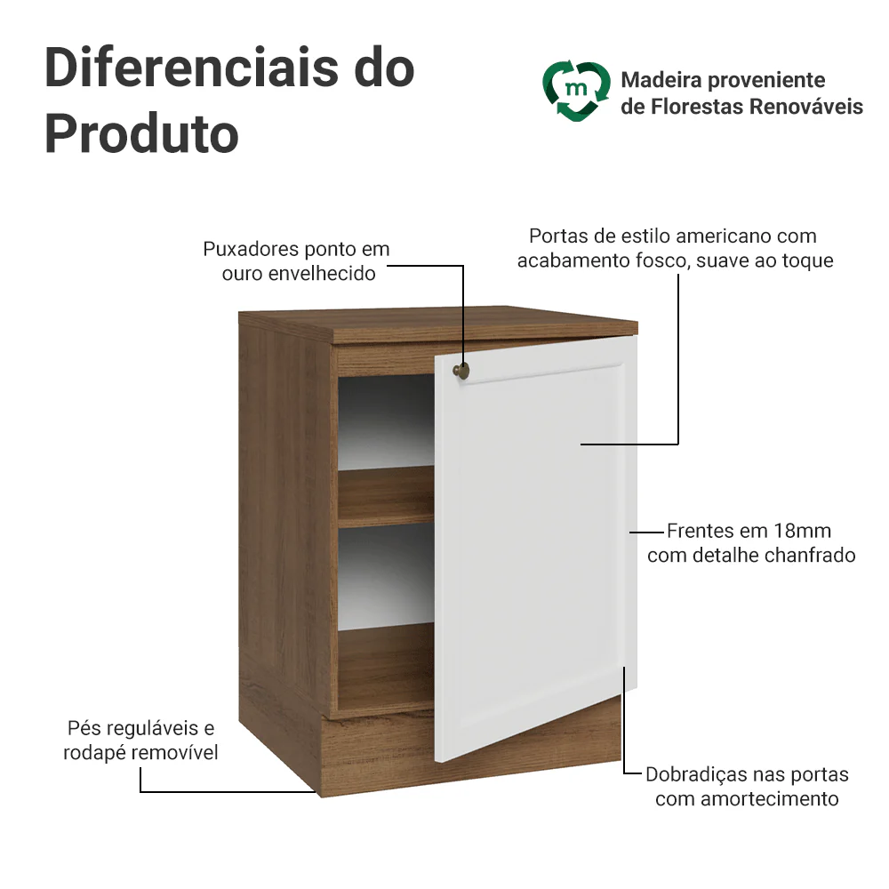 Balcão de Cozinha 60 x 60 cm 1 Porta (Com Tampo) Rustic/Branco Vik Madesa - Image 3