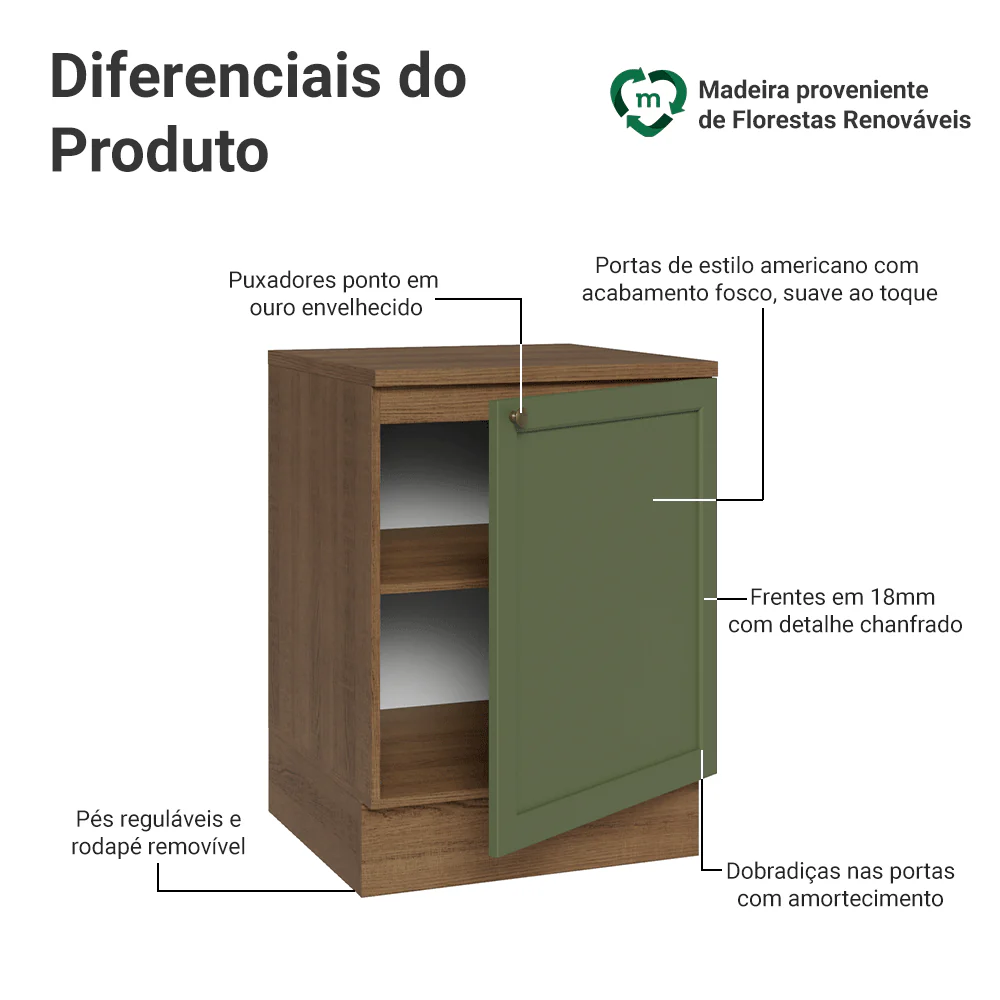 Balcão de Cozinha 60 x 60 cm 1 Porta (Com Tampo) Rustic/Verde Vik Madesa - Image 3