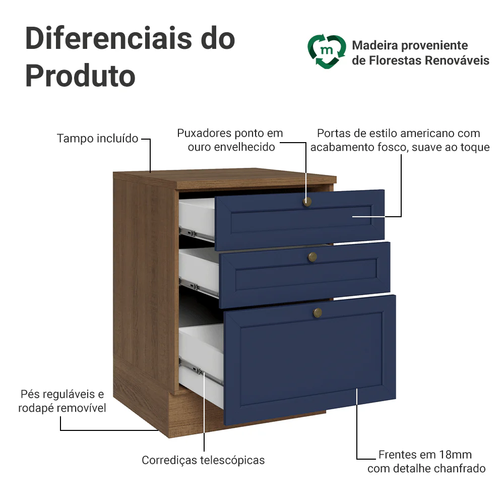 Balcão de Cozinha 60 x 60 cm 3 Gavetas (Com Tampo) Rustic/Azul Vik Madesa - Image 3