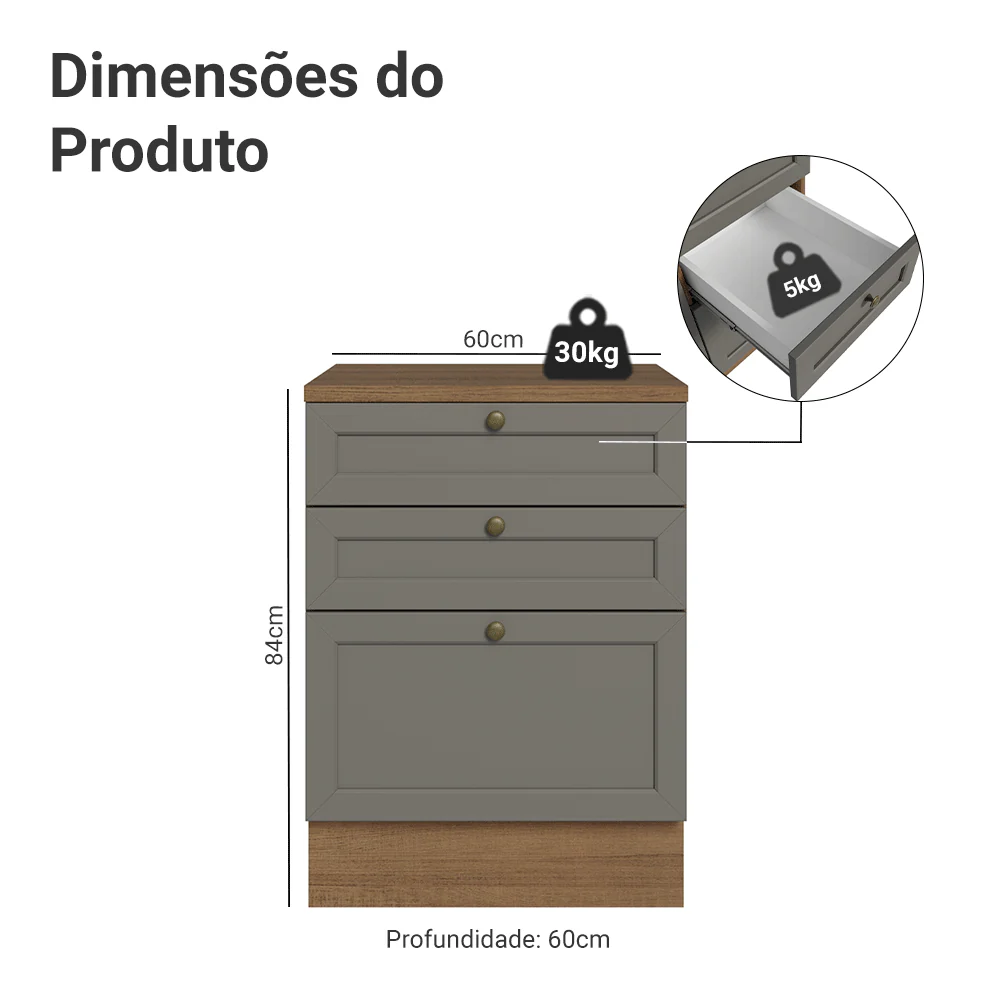 Balcão de Cozinha 60 x 60 cm 3 Gavetas (Com Tampo) Rustic/Cinza Vik Madesa - Image 2