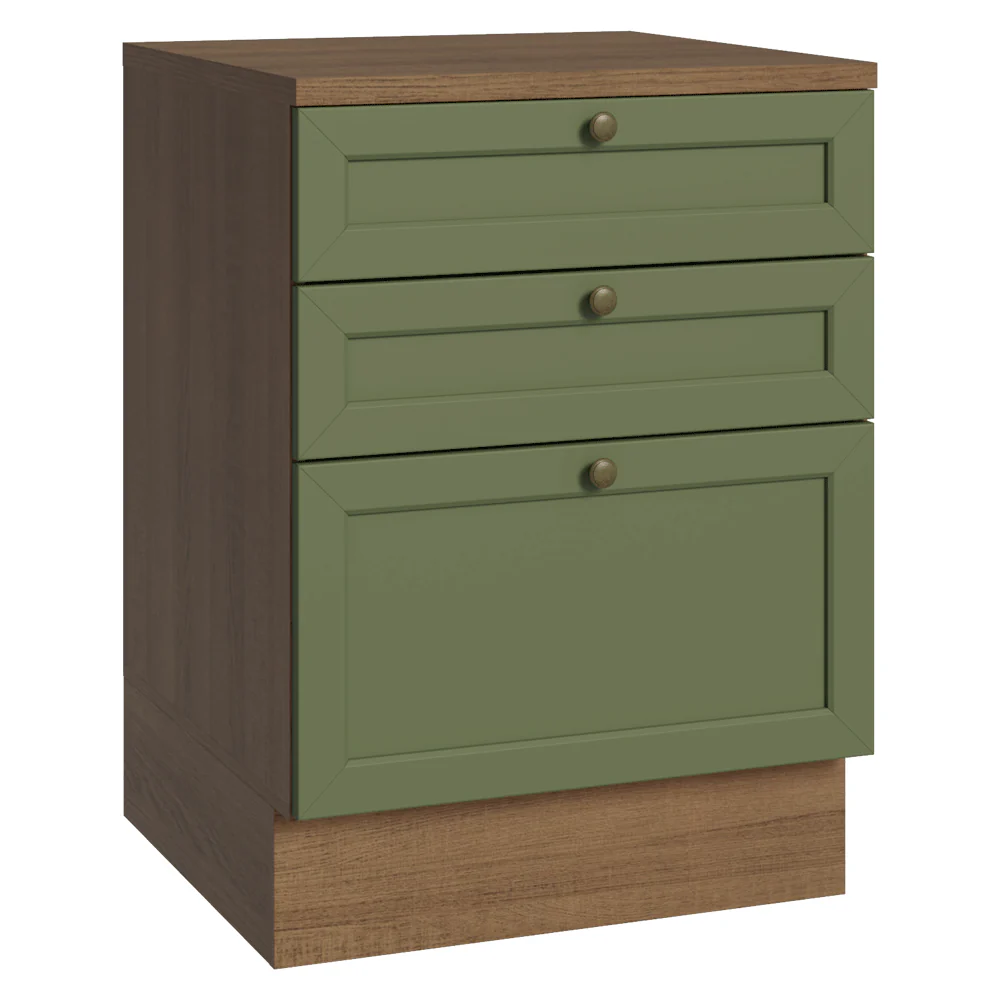 Balcão de Cozinha 60 cm 3 Gavetas Rustic/Verde Vik Madesa
