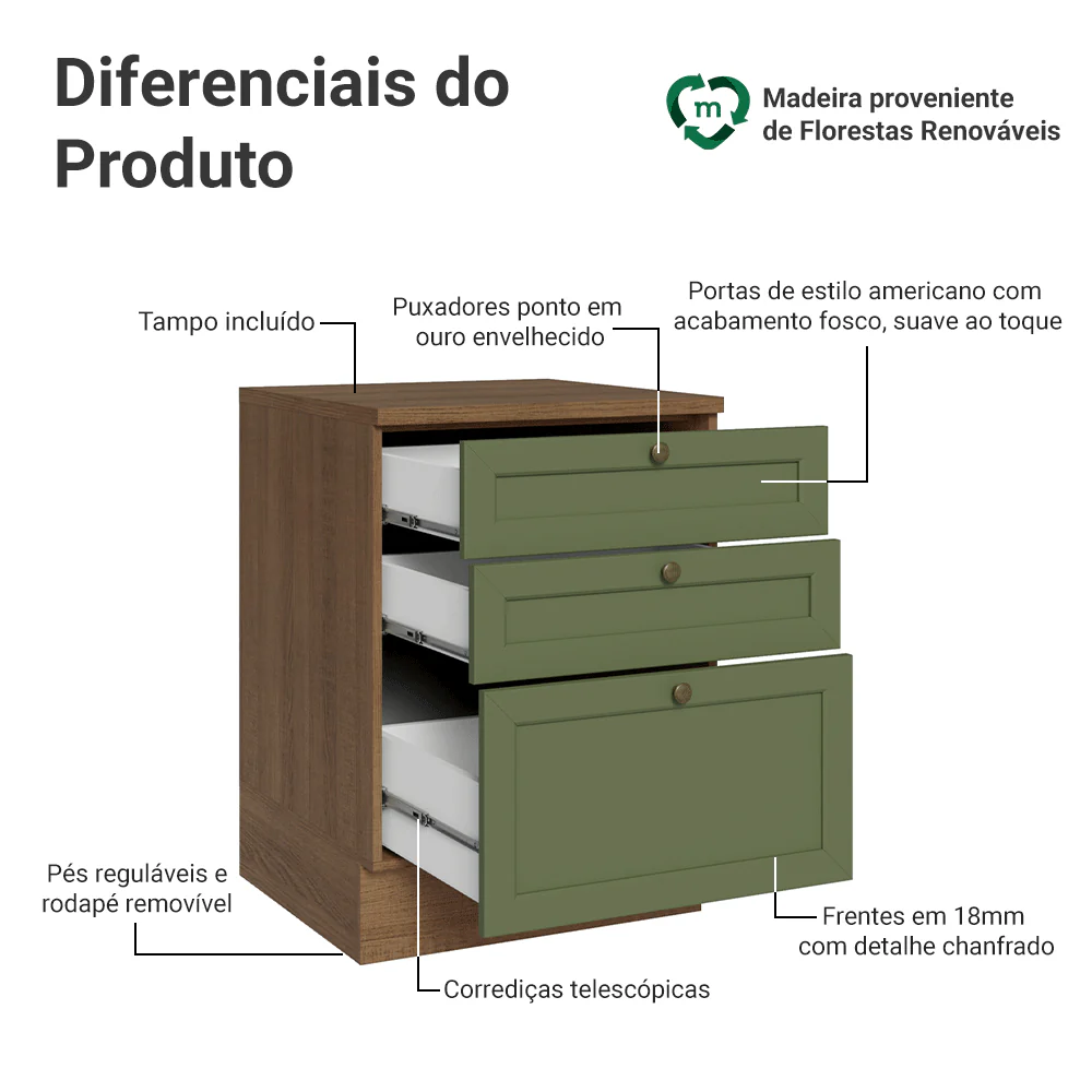 Balcão de Cozinha 60 cm 3 Gavetas Rustic/Verde Vik Madesa - Image 3
