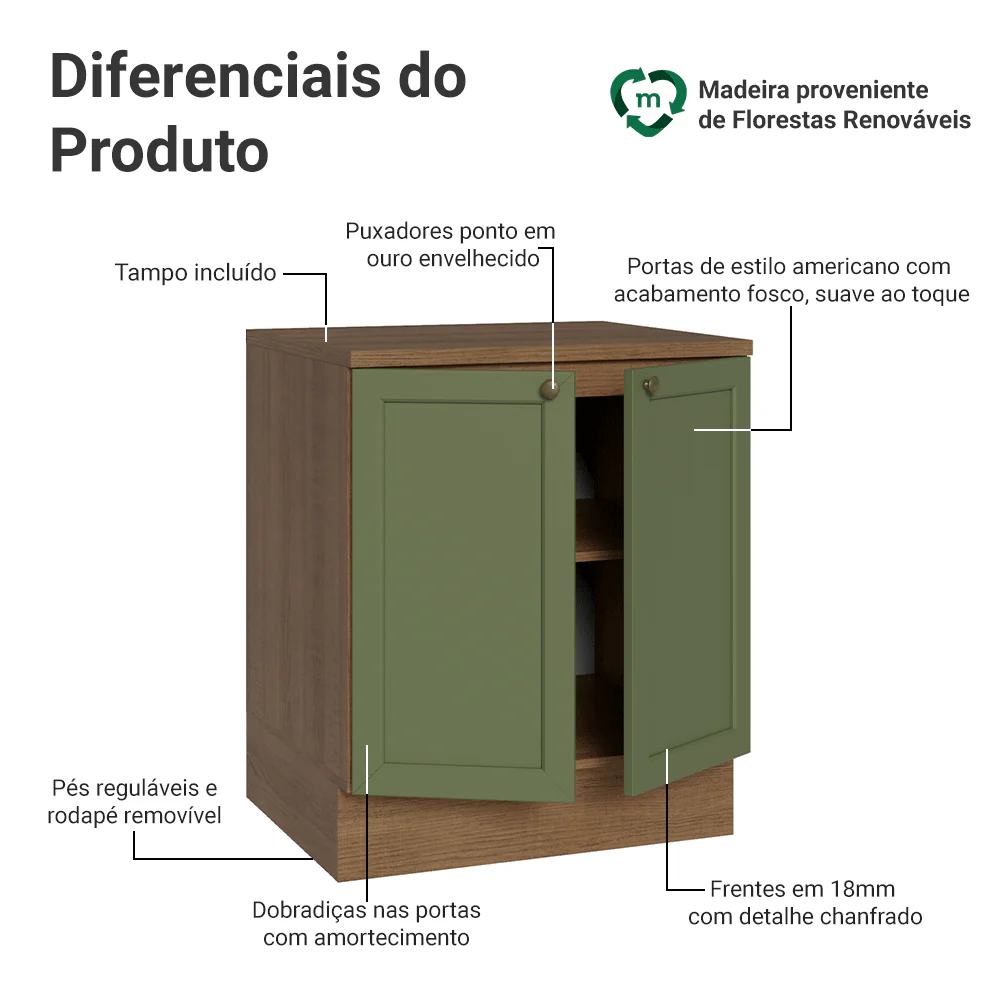 Balcão de Cozinha 70 x 60 cm 2 Portas (Com Tampo) Rustic/Verde Vik Madesa - Image 3