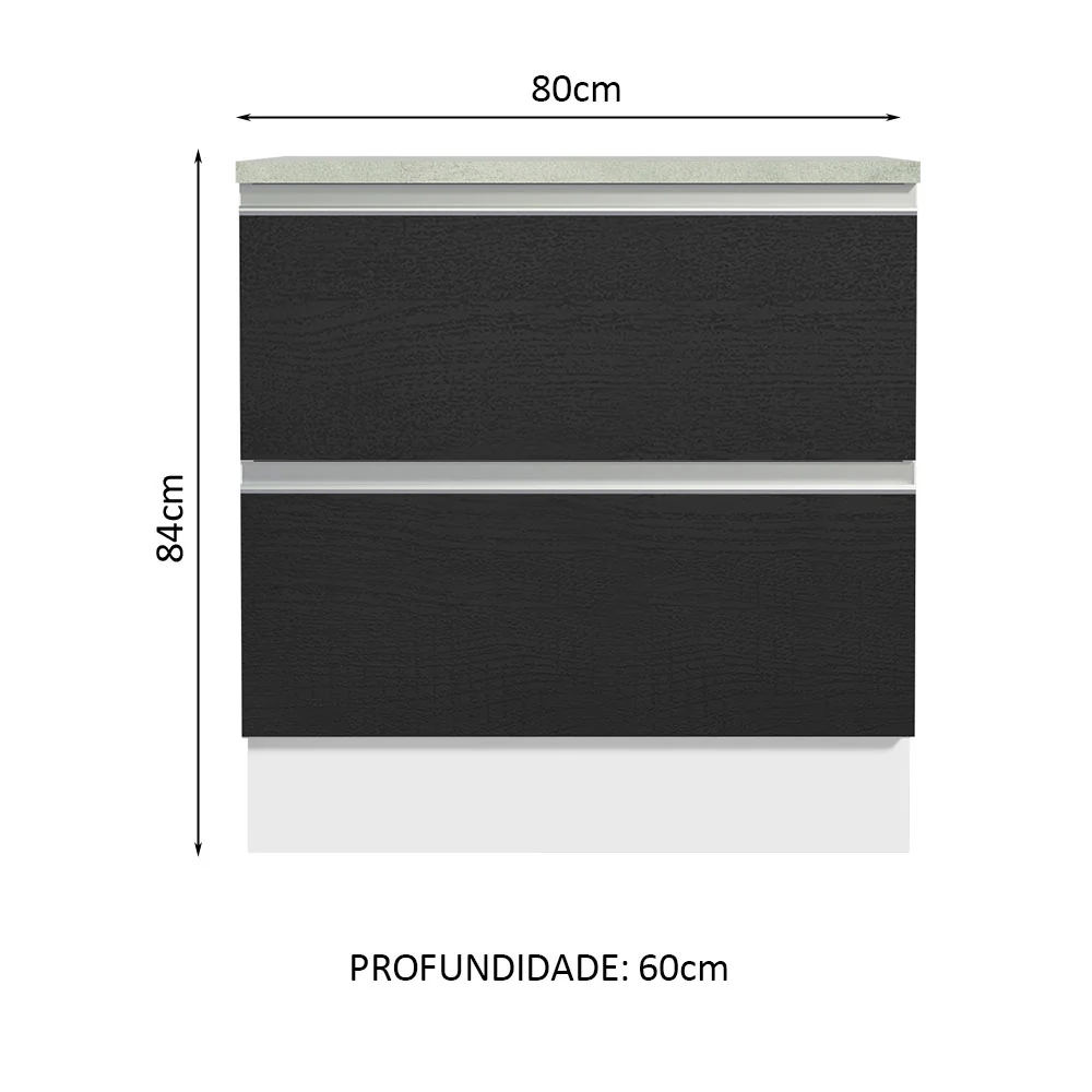 Balcão de Cozinha 80 x 60 cm 2 Gavetas (Com Tampo) Branco/Preto Glamy Madesa - Image 2