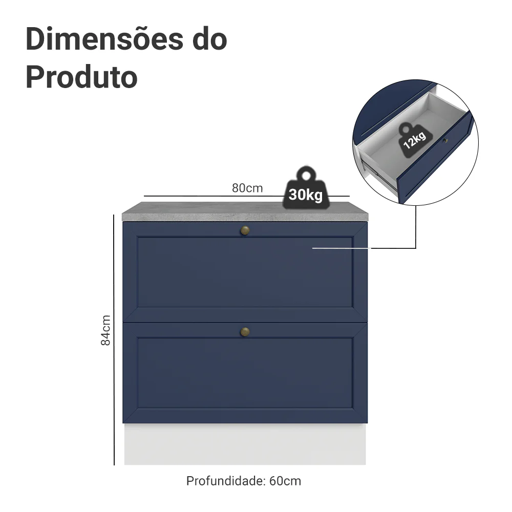 Balcão de Cozinha 80 x 60 cm 2 Gavetas (Com Tampo) Branco/Azul Vik Madesa - Image 2