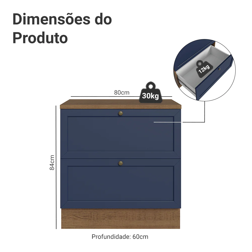 Balcão de Cozinha 80 x 60 cm 2 Gavetas (Com Tampo) Rustic/Azul Vik Madesa - Image 2
