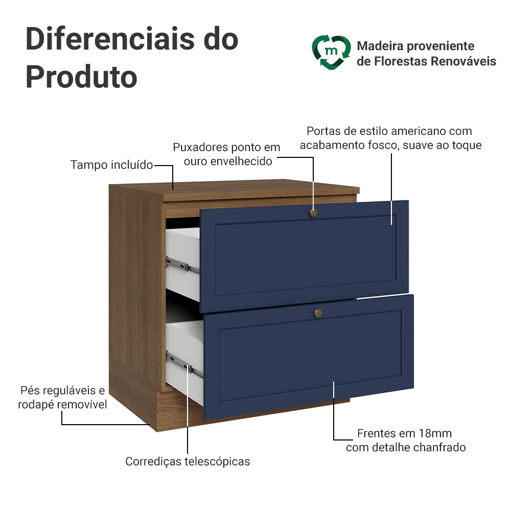 Balcão de Cozinha 80 x 60 cm 2 Gavetas (Com Tampo) Rustic/Azul Vik Madesa - Image 3