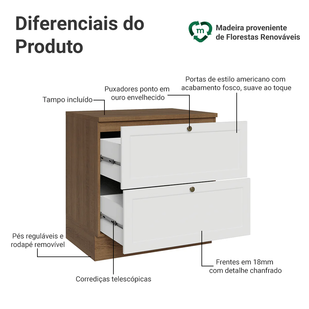 Balcão de Cozinha 80 x 60 cm 2 Gavetas (Com Tampo) Rustic/Branco Vik Madesa - Image 3