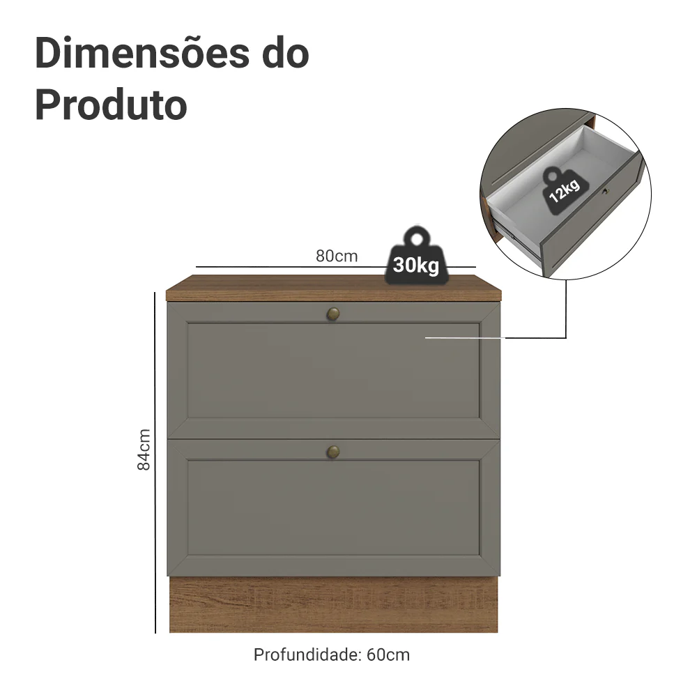Balcão de Cozinha 80 x 60 cm 2 Gavetas (Com Tampo) Rustic/Cinza Vik Madesa - Image 2