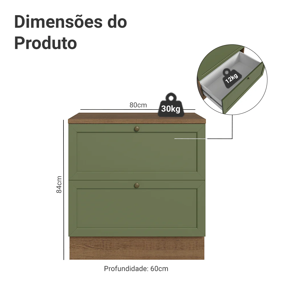 Balcão de Cozinha 80 x 60 cm 2 Gavetas (Com Tampo) Rustic/Verde Vik Madesa - Image 2
