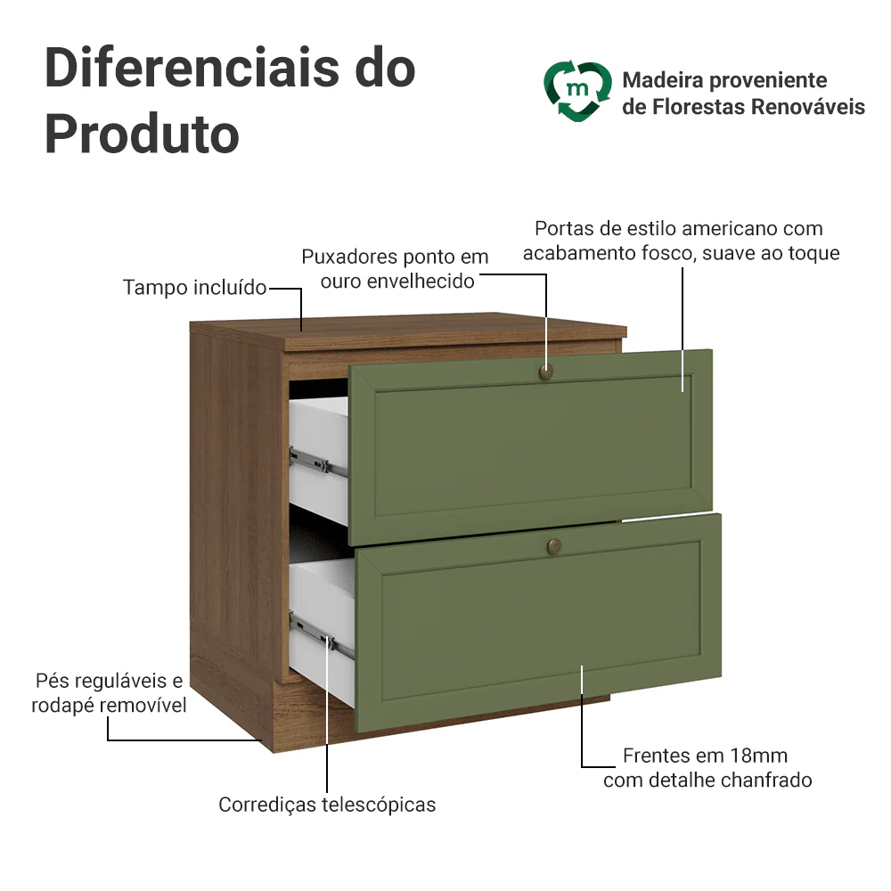 Balcão de Cozinha 80 x 60 cm 2 Gavetas (Com Tampo) Rustic/Verde Vik Madesa - Image 3