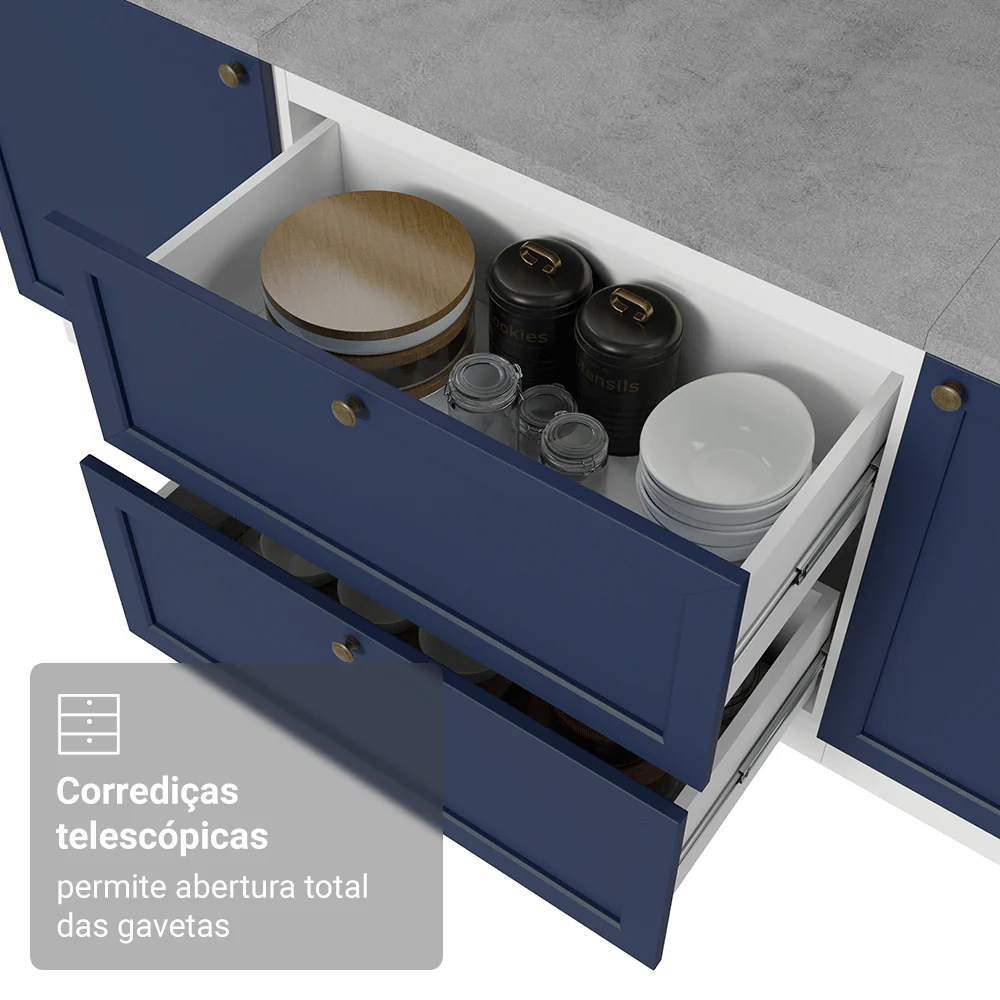 Balcão de Cozinha 80 x 60 cm 2 Gavetas (Sem Tampo) Branco/Azul Vik Madesa - Image 6