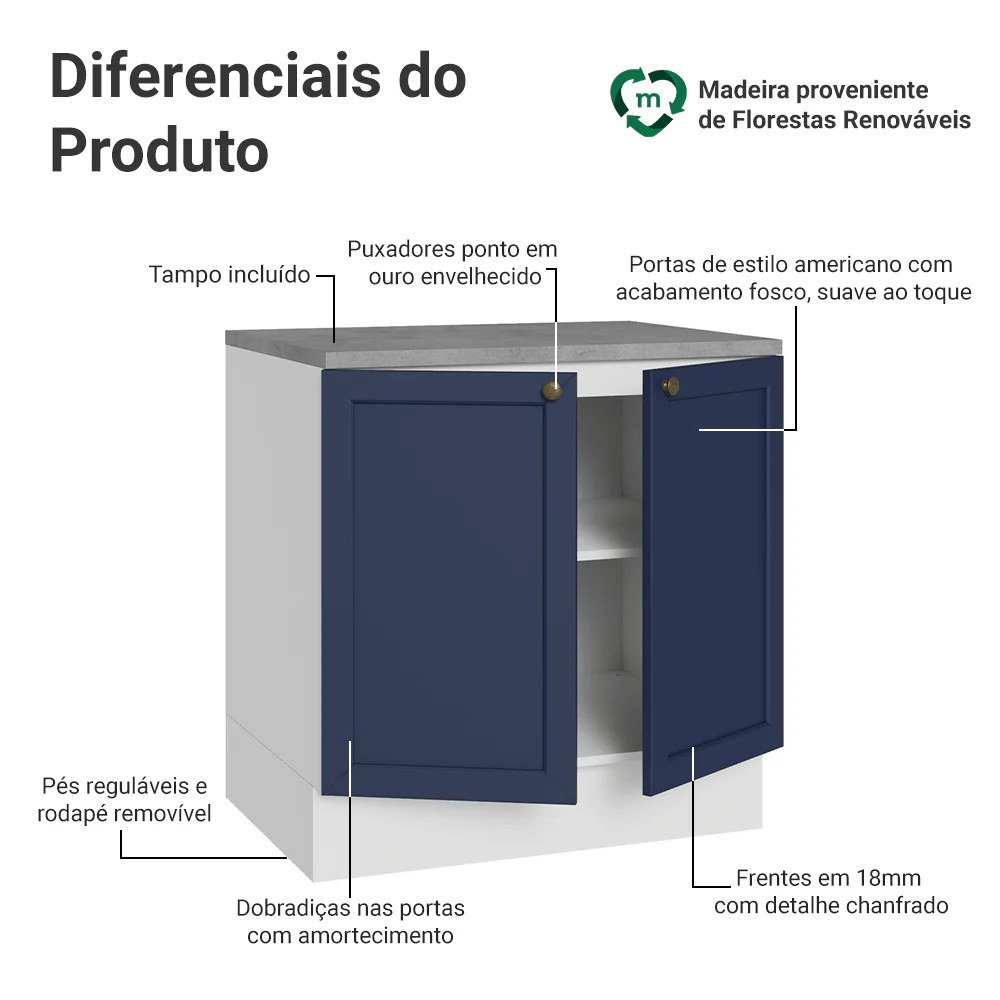 Balcão de Cozinha 80 x 60 cm 2 Portas (Com Tampo) Branco/Azul Vik Madesa - Image 3