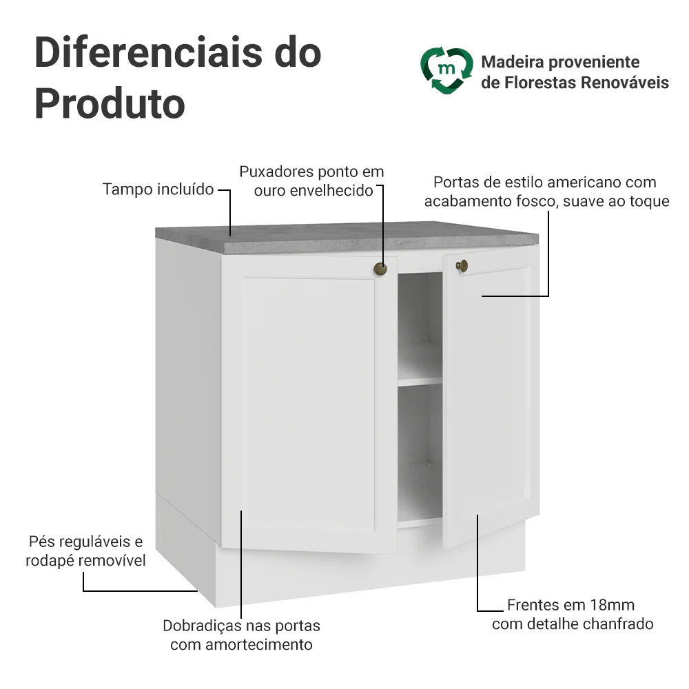 Balcão de Cozinha 80 x 60 cm 2 Portas (Com Tampo) Branco Vik Madesa - Image 3