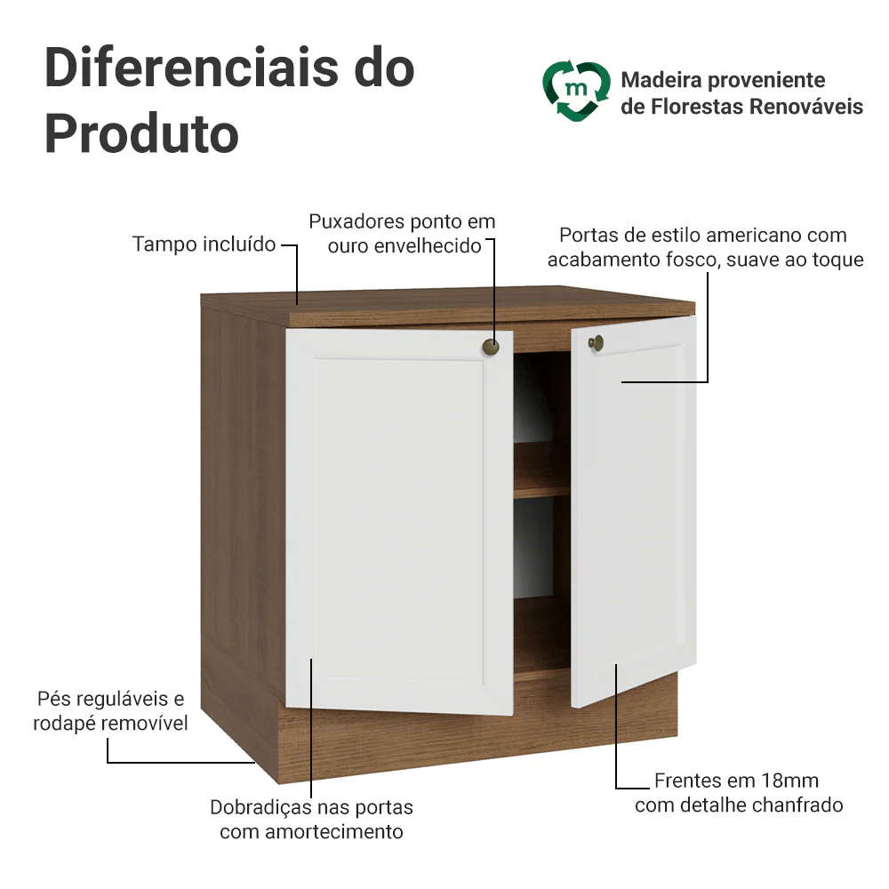 Balcão de Cozinha 80 x 60 cm 2 Portas (Com Tampo) Rustic/Branco Vik Madesa - Image 3