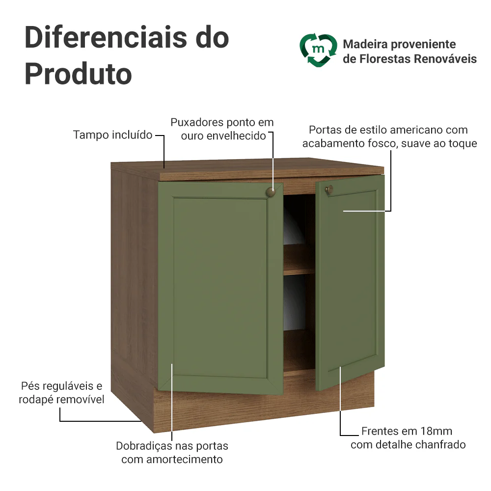 Balcão de Cozinha 80 x 60 cm 2 Portas (Com Tampo) Rustic/Verde Vik Madesa - Image 3