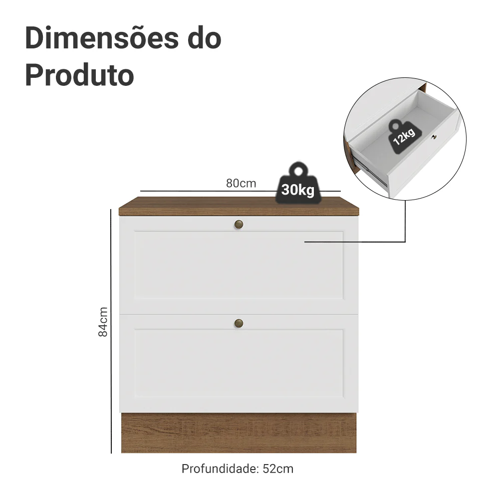 Balcão de Cozinha 80 cm 2 Gavetas Rustic/Branco Vik Madesa - Image 2