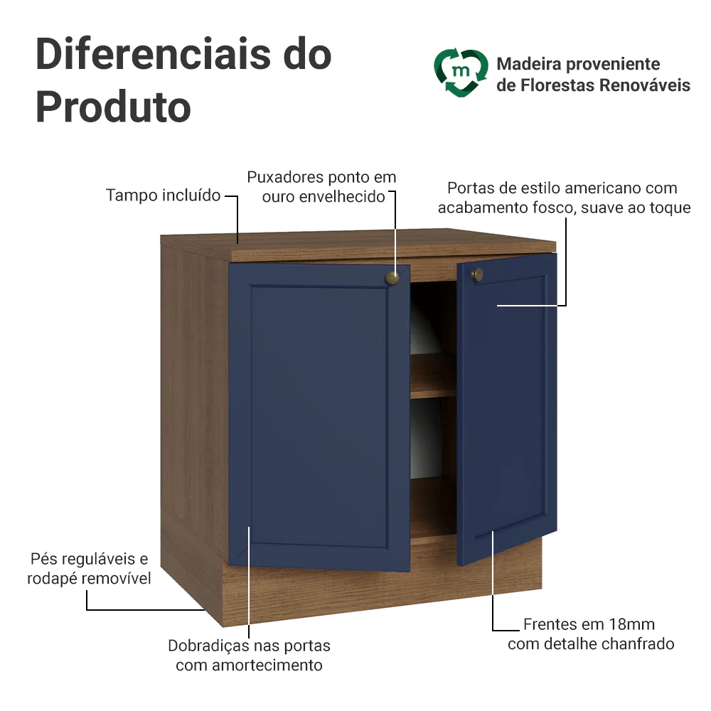 Balcão de Cozinha 80 cm 2 Portas Rustic/Azul Vik Madesa - Image 3