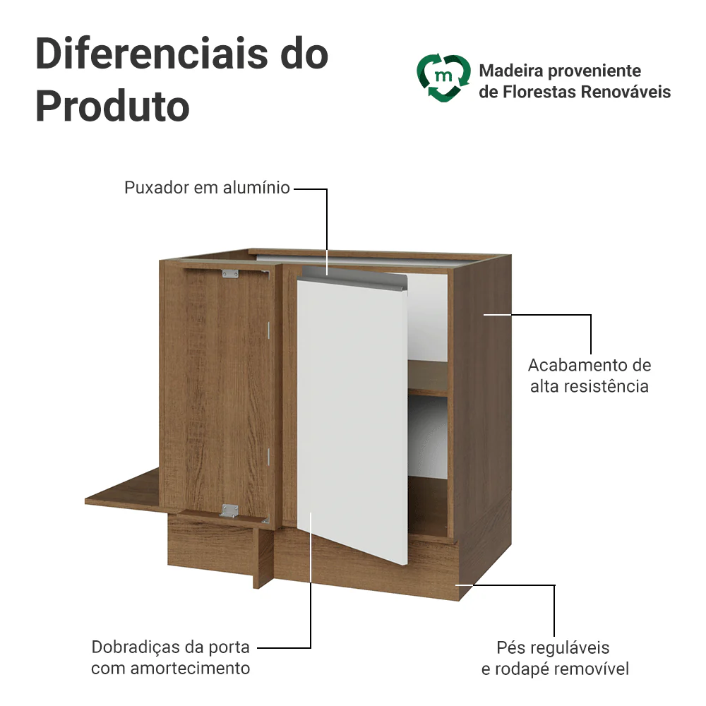 Balcão Cozinha de Canto 1 Porta 60 cm Profundidade (Sem Tampo) Rustic/Branco Glamy Madesa - Image 3