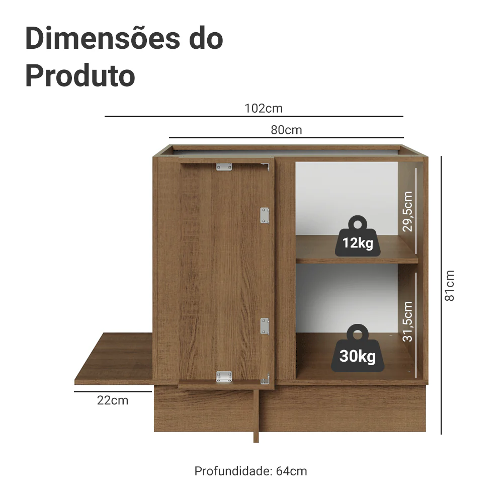 Balcão Cozinha de Canto 1 Porta 60 cm Profundidade (Sem Tampo) Rustic/Preto Glamy Madesa - Image 2
