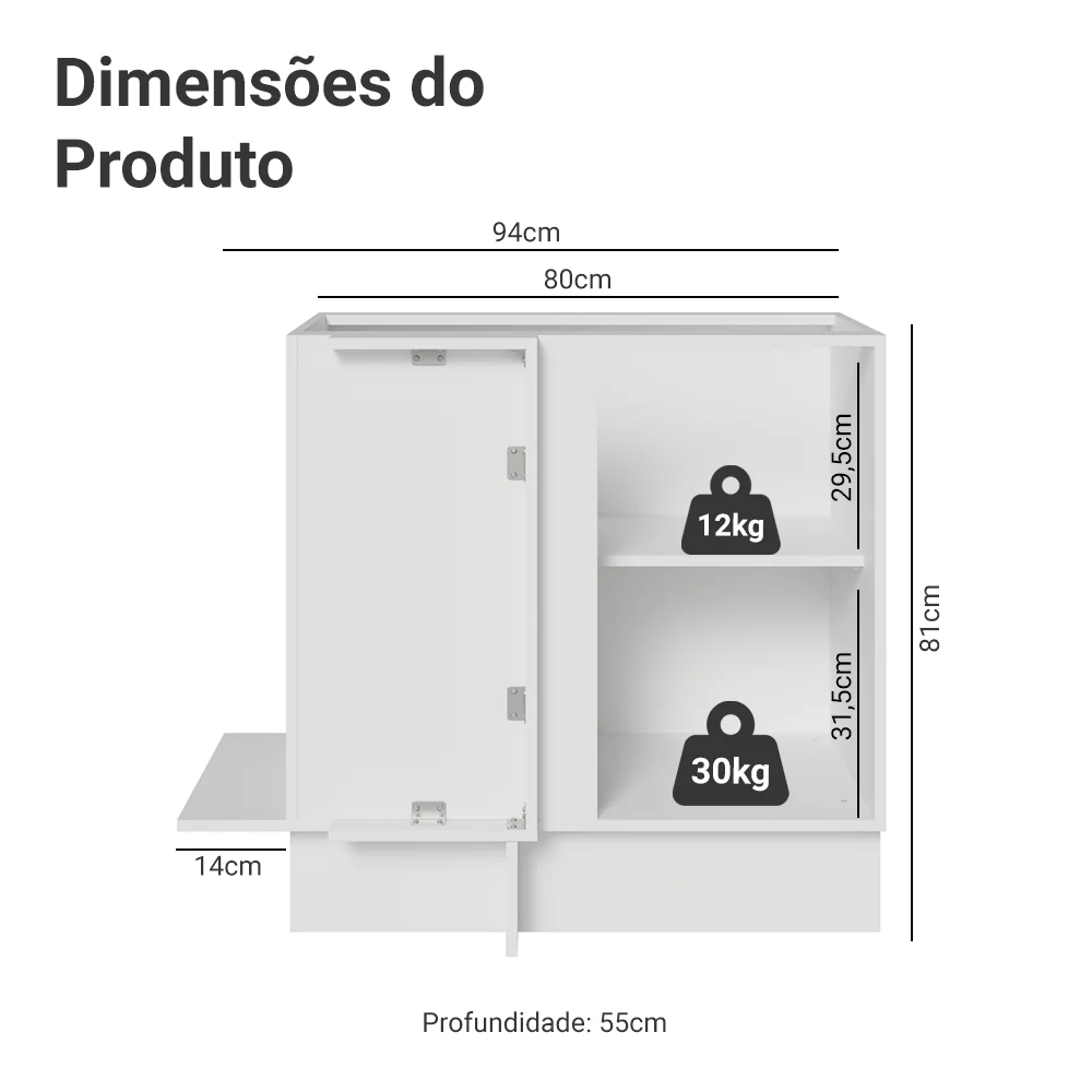 Balcão de Canto 1 Porta (Sem Tampo) Branco/Preto Lux Madesa - Image 2