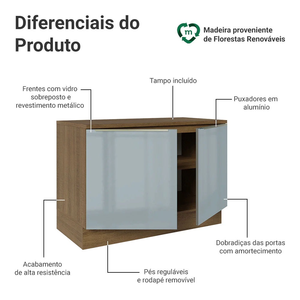 Balcão de Cozinha 120 cm 2 Portas Rustic/Cinza Lux Madesa - Image 3