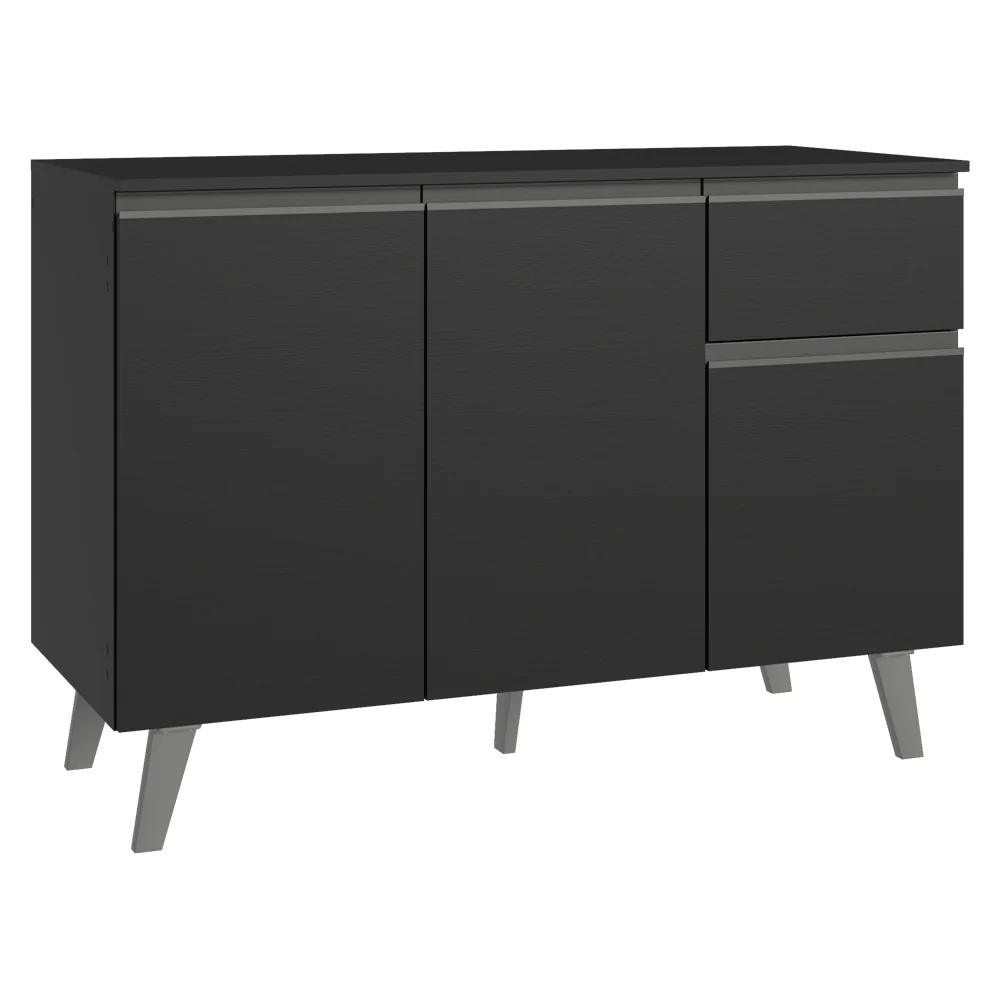 Balcão de Cozinha 120 cm 3 Portas 1 Gaveta Com Pés Preto Nice Madesa