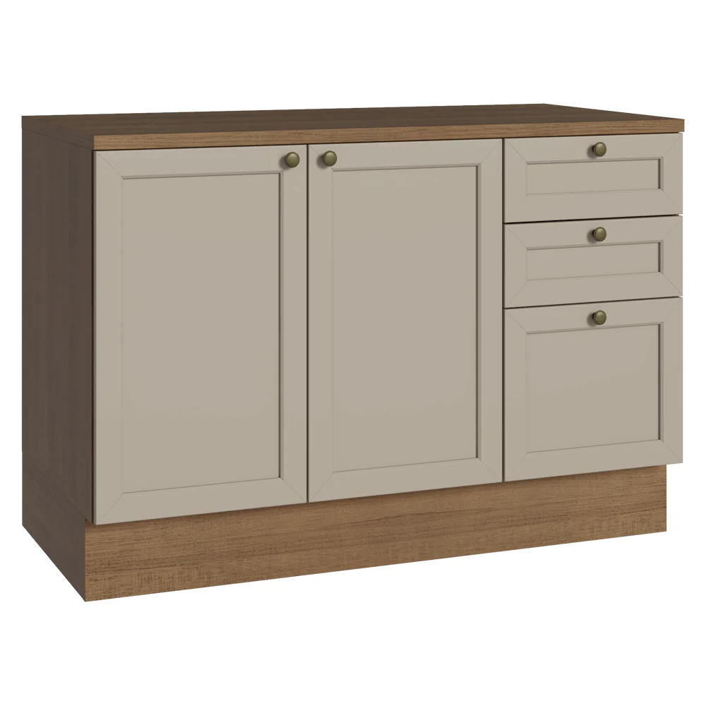 Balcão de Cozinha 120 x 60 cm 2 Portas 3 Gavetas (Com Tampo) Rustic/Crema Vik Madesa