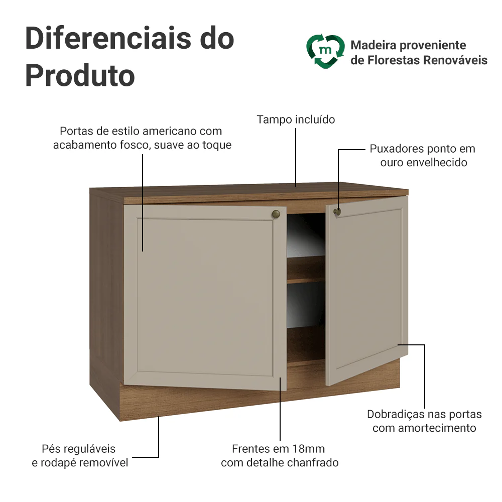 Balcão de Cozinha 120 x 60 cm 2 Portas (Com Tampo) Rustic/Crema Vik Madesa - Image 3