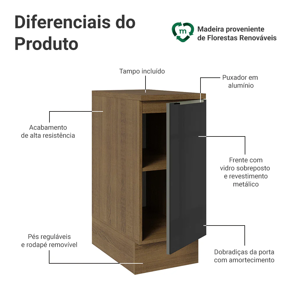 Balcão de Cozinha 35 cm 1 Porta Rustic/Preto Lux Madesa - Image 3