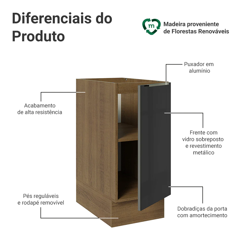 Balcão de Cozinha 35 cm 1 Porta (Sem Tampo) Rustic/Preto Lux Madesa - Image 3