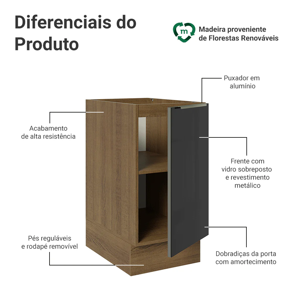 Balcão de Cozinha 40 cm 1 Porta (Sem Tampo) Rustic/Preto Lux Madesa - Image 3