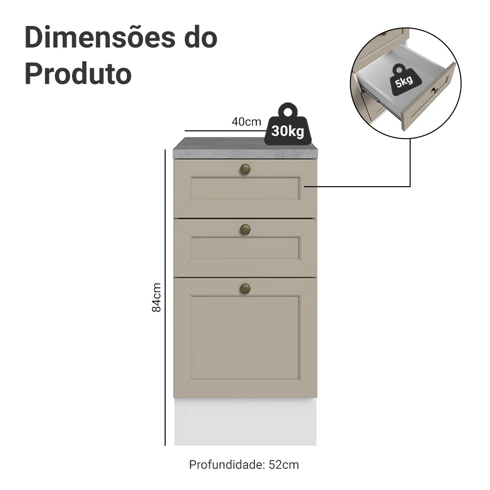 Balcão de Cozinha 40 cm 3 Gavetas Branco/Crema Vik Madesa - Image 2