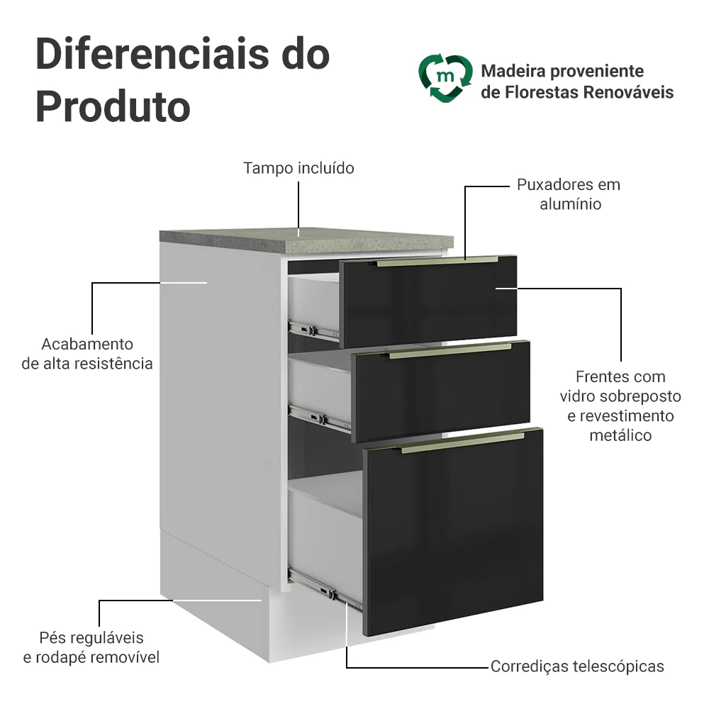 Balcão de Cozinha 40 cm 3 Gavetas Branco/Preto Lux Madesa - Image 3