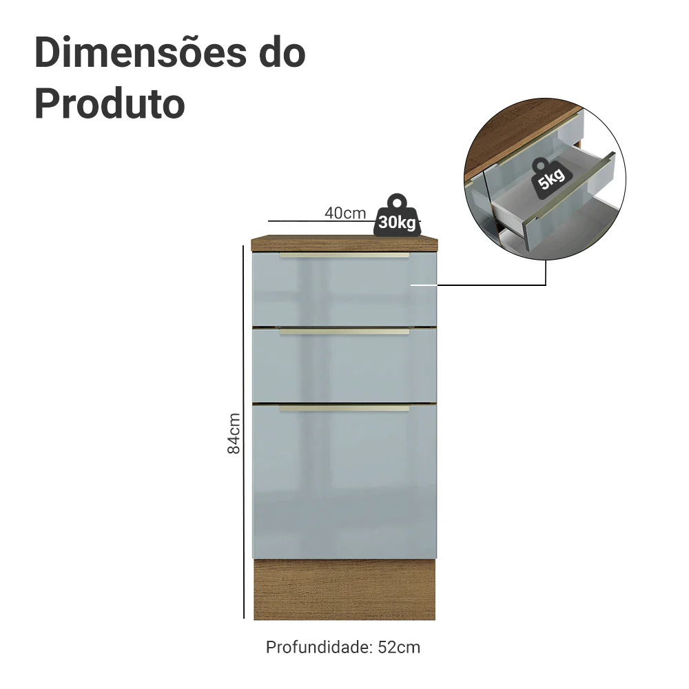Balcão de Cozinha 40 cm 3 Gavetas Rustic/Cinza Lux Madesa - Image 2