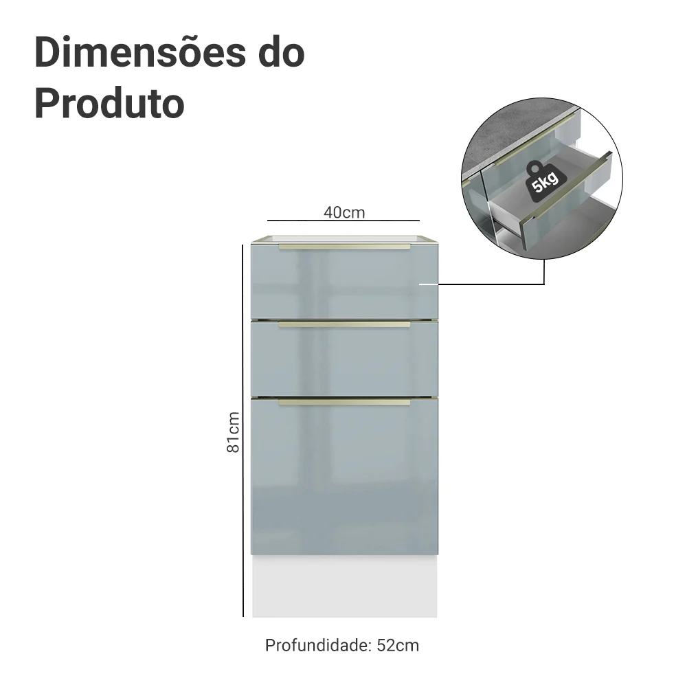 Balcão de Cozinha 40 cm 3 Gavetas (Sem Tampo) Branco/Cinza Lux Madesa - Image 2