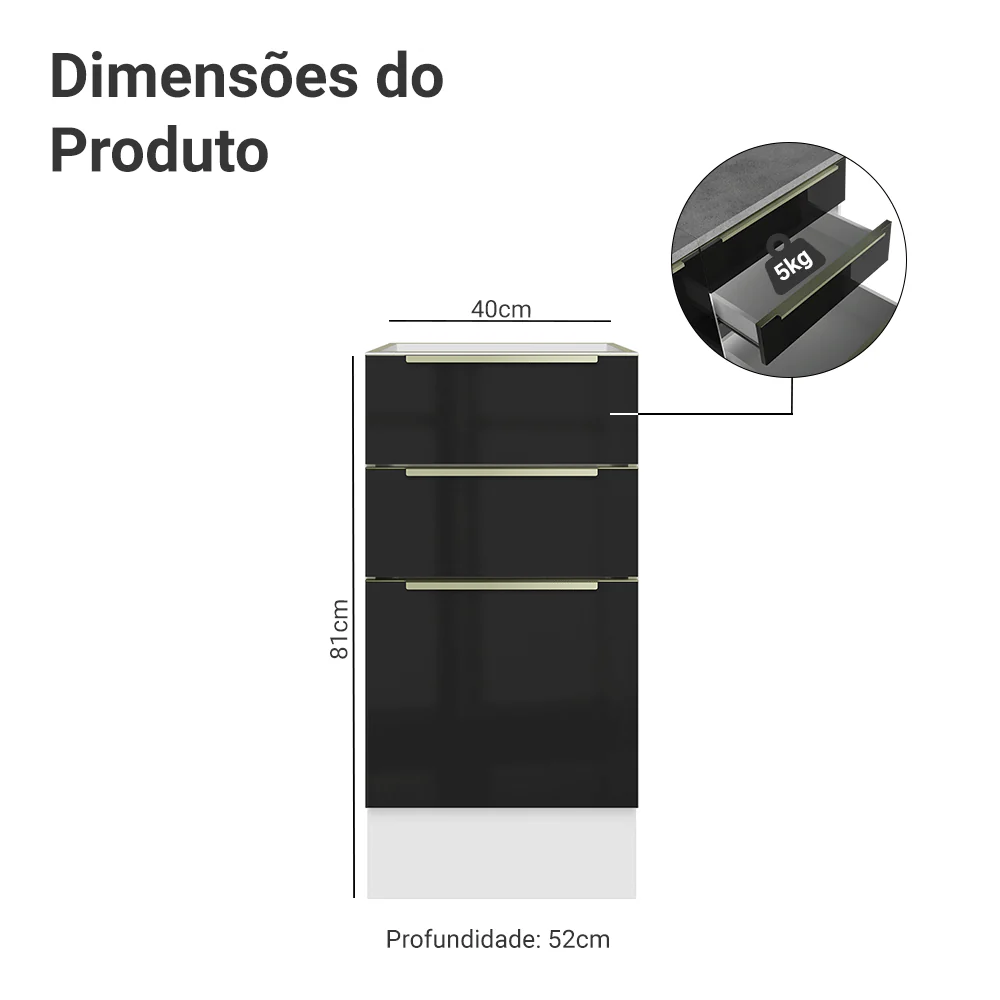 Balcão de Cozinha 40 cm 3 Gavetas (Sem Tampo) Branco/Preto Lux Madesa - Image 2