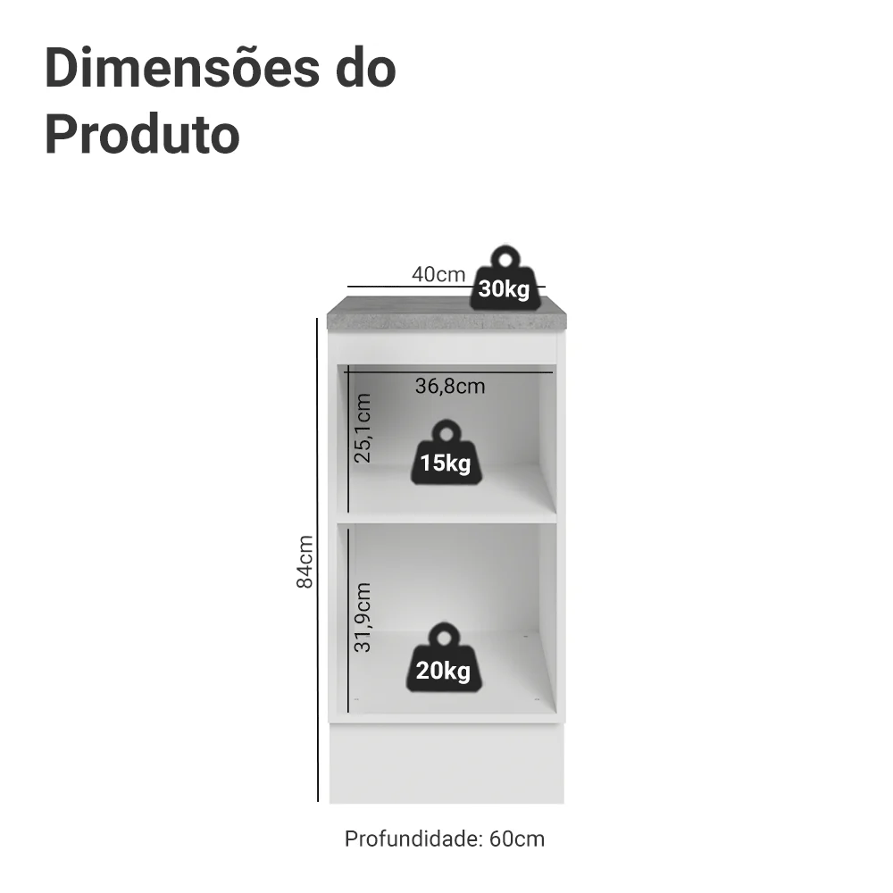 Balcão de Cozinha 40 x 60 cm 1 Porta (Com Tampo) Branco/Crema Vik Madesa - Image 2