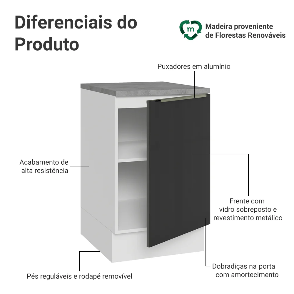 Balcão de Cozinha 50 cm 1 Porta Branco/Preto Lux Madesa - Image 3