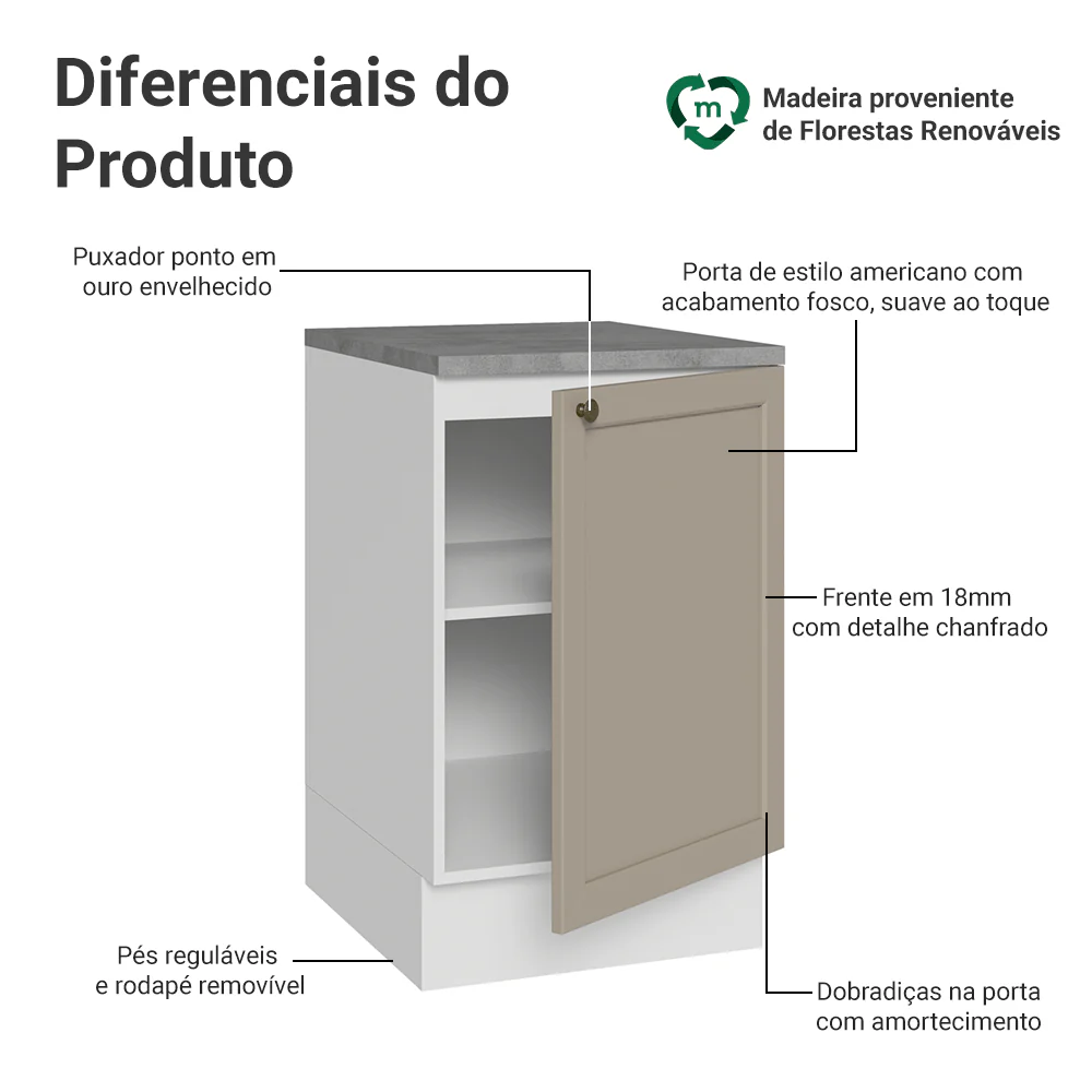 Balcão de Cozinha 50 x 60cm 1 Porta (Com Tampo) Branco/Crema Vik Madesa - Image 3