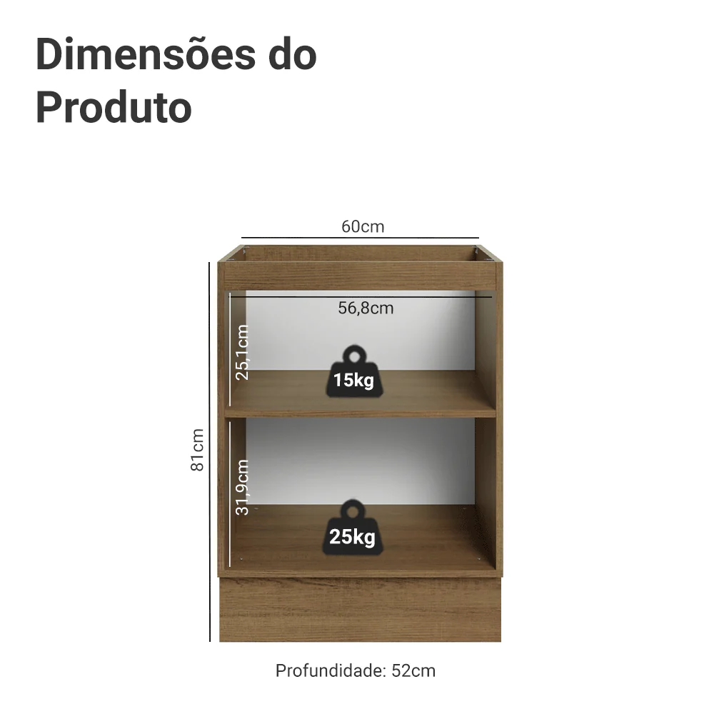Balcão de Cozinha 60 cm 1 Porta (Sem Tampo) Rustic/Preto Lux Madesa - Image 2