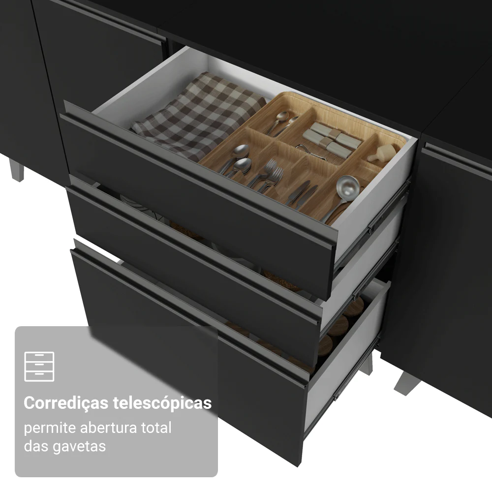 Balcão de Cozinha 60 cm 3 Gavetas Com Pés Preto Nice Madesa - Image 7