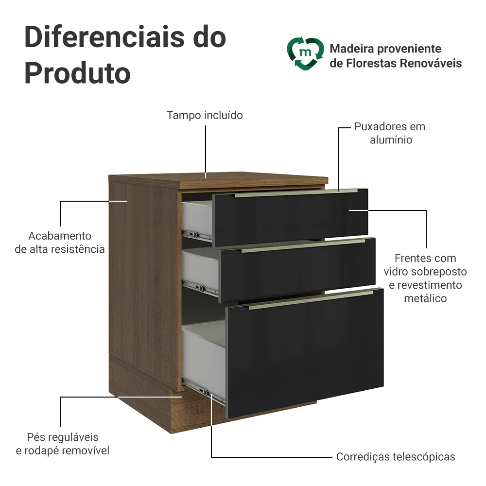 Balcão de Cozinha 60 cm 3 Gavetas Rustic/Preto Lux Madesa - Image 3