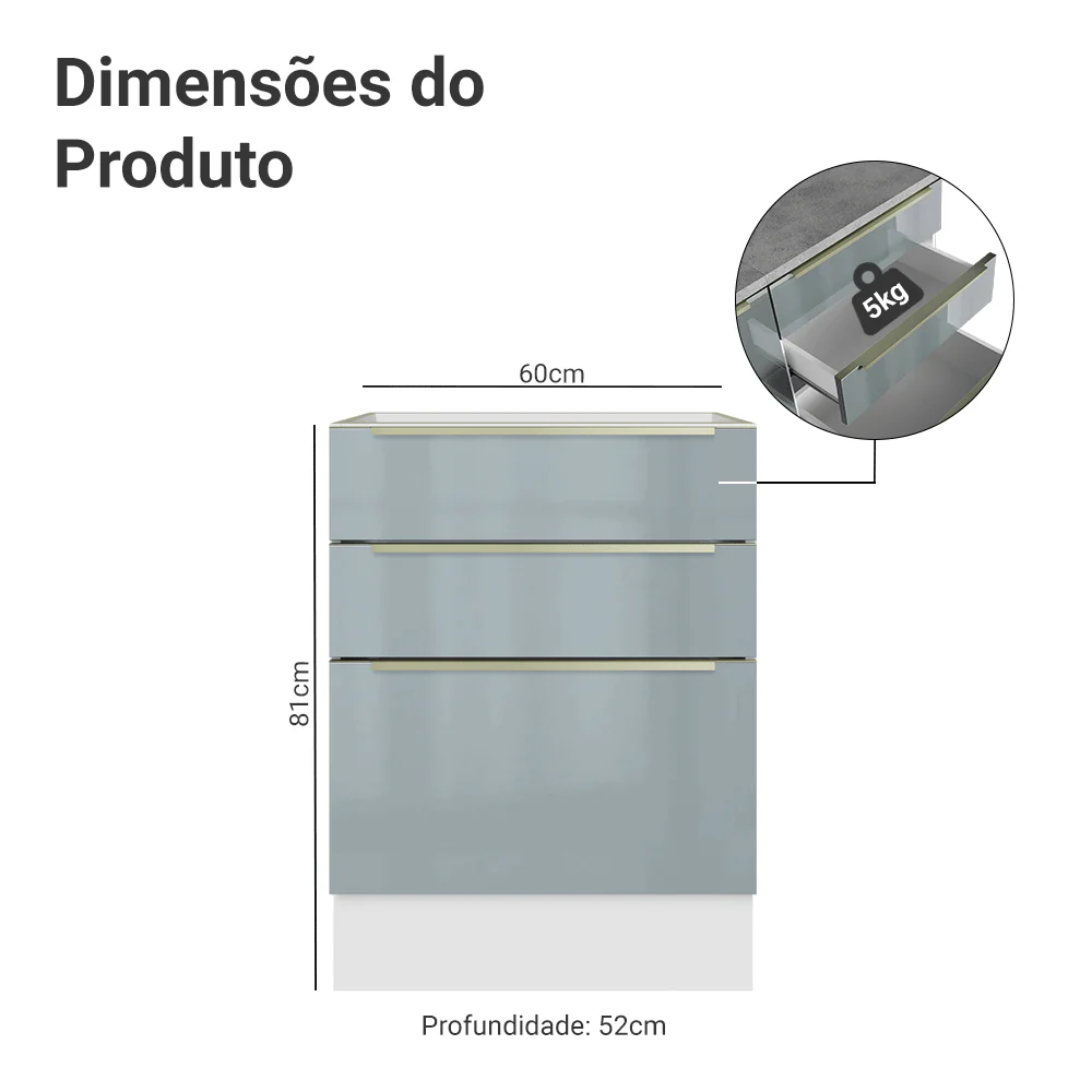 Balcão de Cozinha 60 cm 3 Gavetas (Sem Tampo) Branco/Cinza Lux Madesa - Image 2