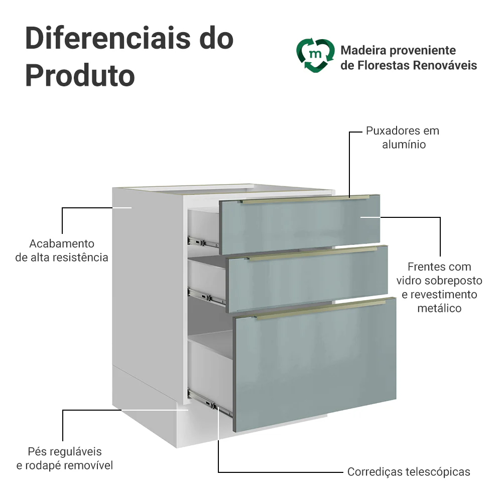Balcão de Cozinha 60 cm 3 Gavetas (Sem Tampo) Branco/Cinza Lux Madesa - Image 3