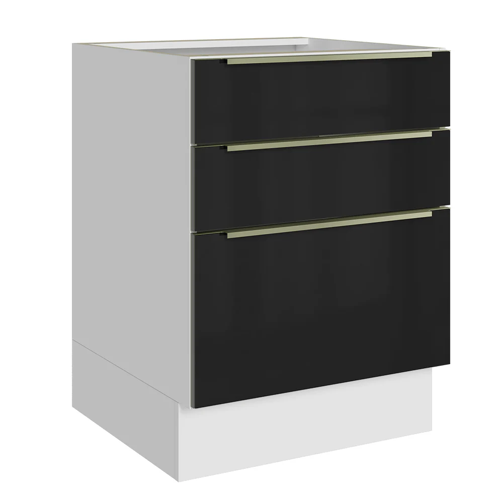 Balcão de Cozinha 60 cm 3 Gavetas (Sem Tampo) Branco/Preto Lux Madesa